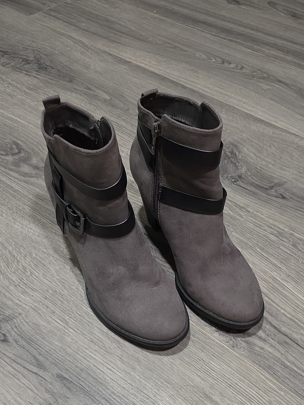 Coach & Four Gray Faux Suede Ankle Boots with Buckle Strap
